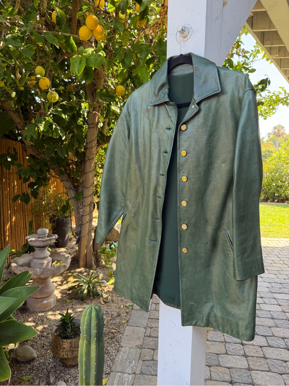 Women’s size M/L Dark Green Leather Gold Button-Front Coat